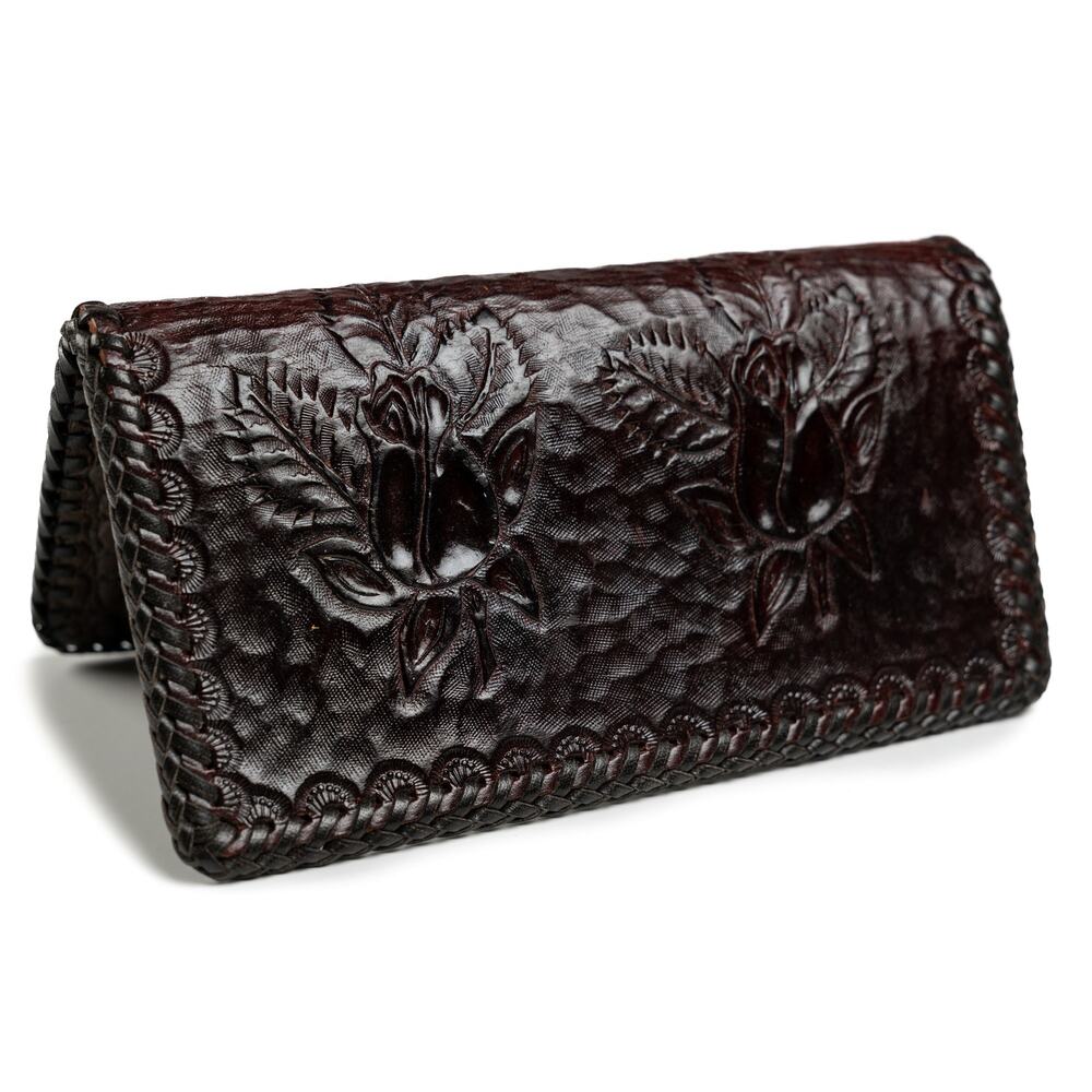 Handmade Leather Coffee black Rose bifold long wallet - New